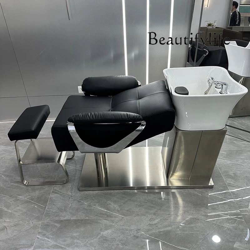 Barber Shop Ceramic Basin Half Lying Shampoo Chair Stainless Steel High-End Hair Salon Flushing Bed