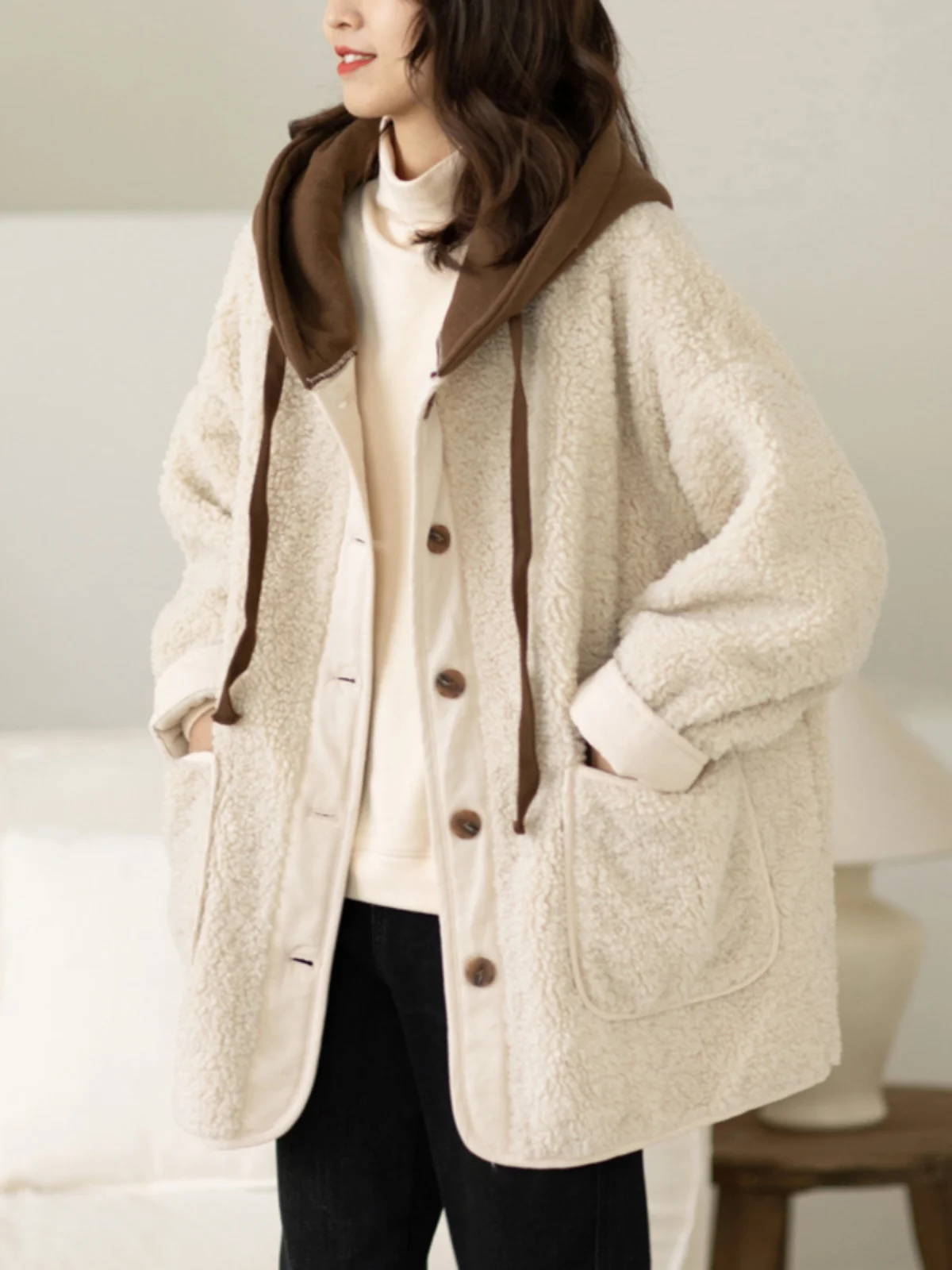 

Thiened Lamb Fur Jaet for Women Commute Sle Loose Fit with kets Long Sve Hooded Coat Winter Outerwear