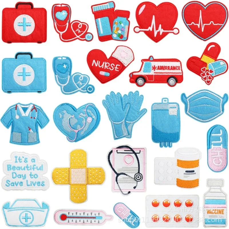 Red, Blue and White Medical Rescue Team Embroidery Cloth Sticker Clothes Dress Up Cartoon Stethoscope Medical Kit Zhang Zai