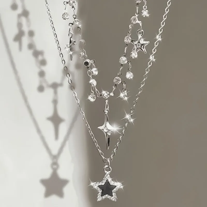 Four Pointed Star Tassel Necklace for Women Fashion Multilayer Necklace Aesthetic Charm Water Drop Pendant Necklace Jewelry Gift