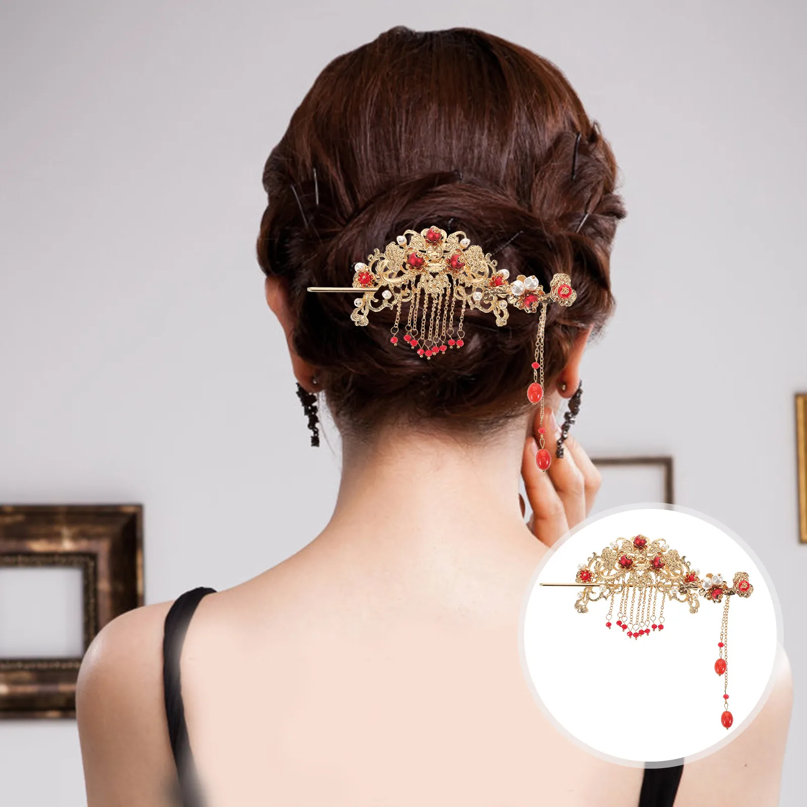

2pcs Hanfu Headwear Hair Clips Vintage Pins Tassels Crown Alloy Bride Hairpin Red Chinese Style Retro Hairpins For Wedding Prom
