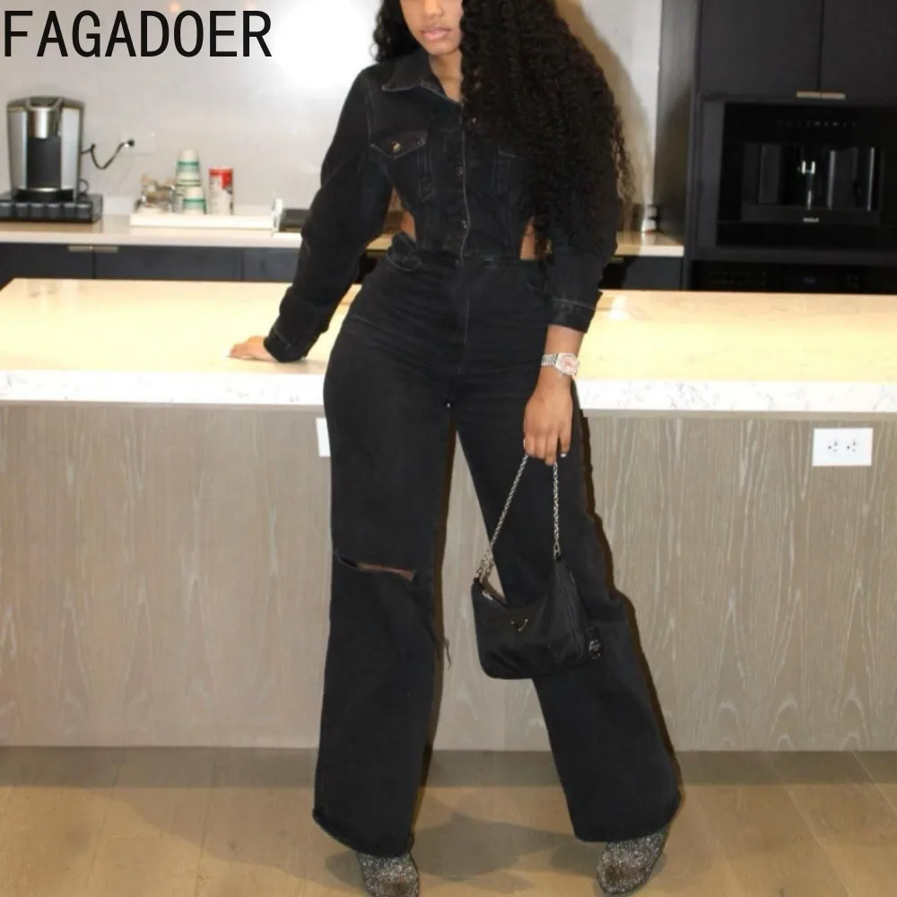 FAGADOER Black Autumn Winter Casual Denim Hole Jumpsuit Women Turndown Collar Button Long Sleeve Hollow Straight Cowboy Playsuit