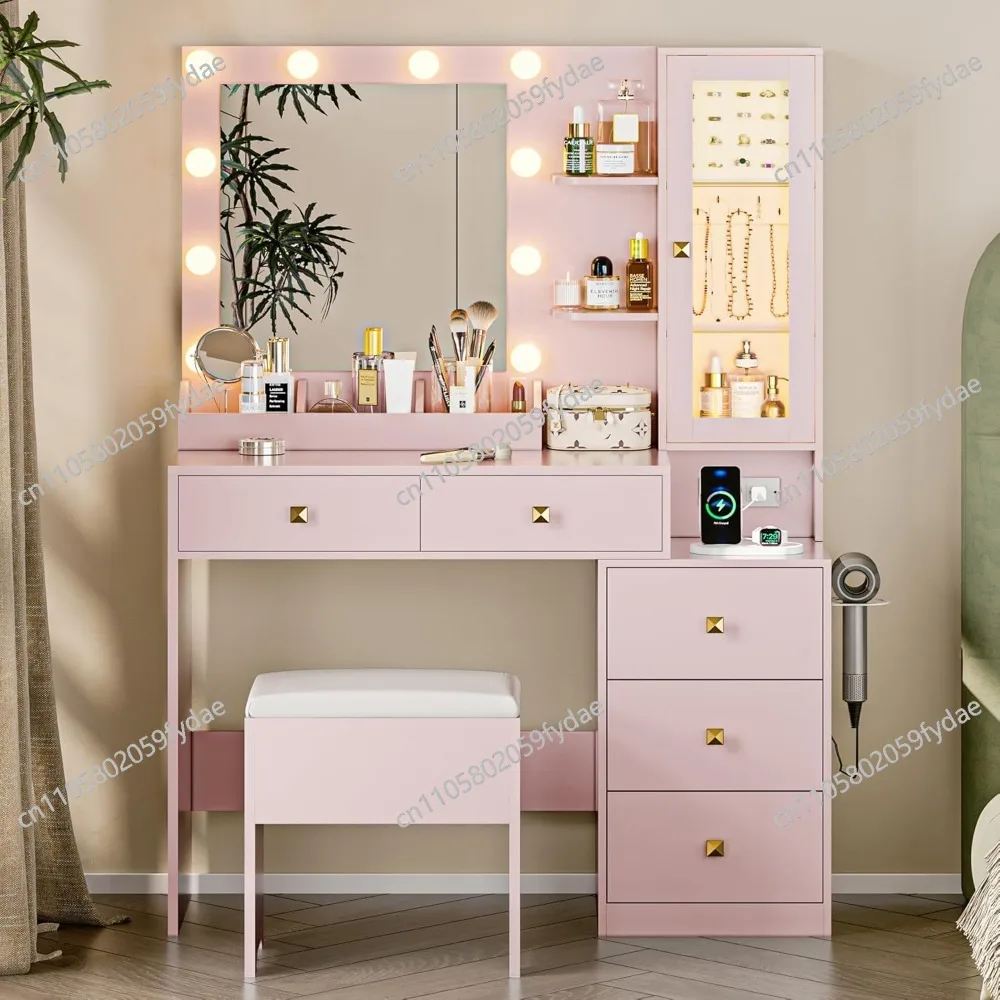 Vanity Desk with Mirror and Lights, Makeup Vanity with 5 Drawers Hidden Jewelry Organizer& LED Glass Cabinet