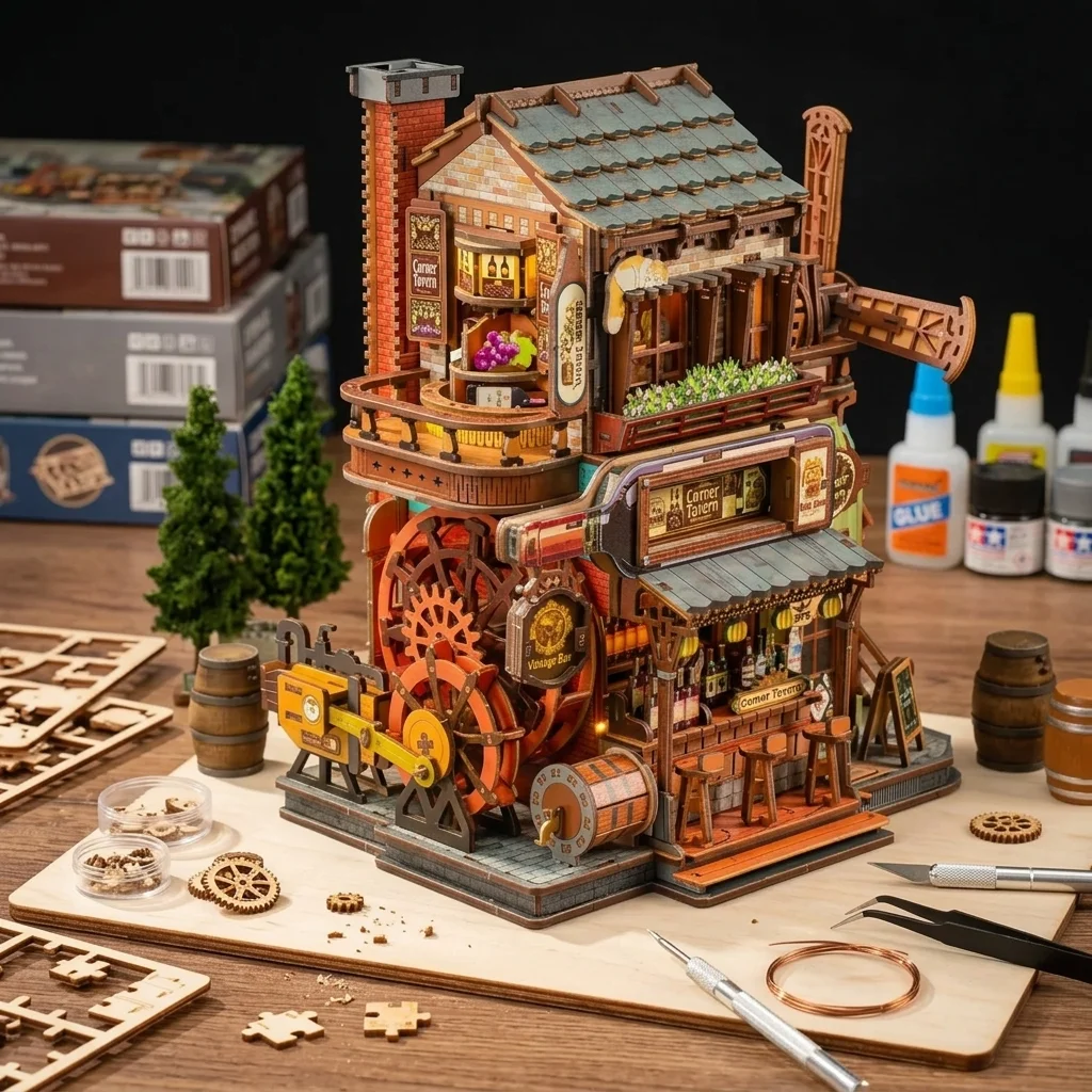 DIY Wooden Corner Tavern Cottage Miniature Dollhouse 3D Puzzle Assembly Rotation Model Kits for Adults Birthday Gifts Home Decor