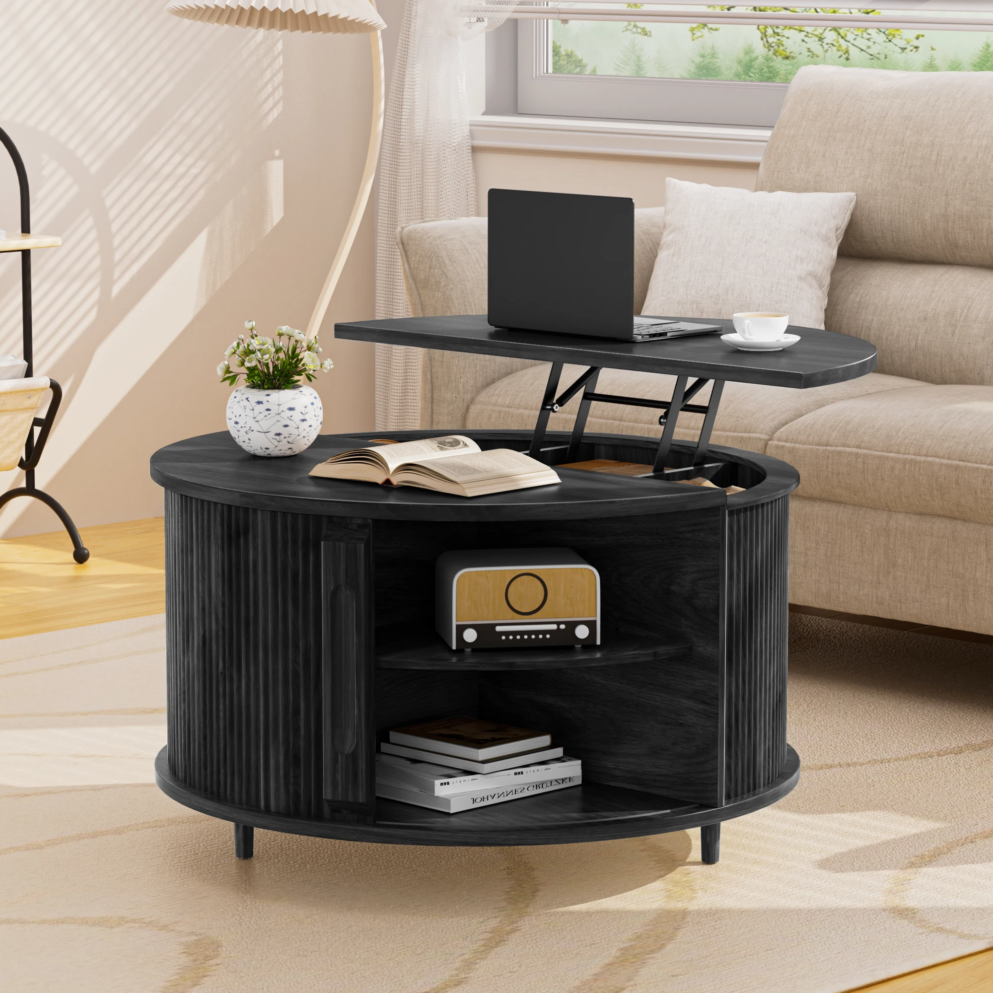 

31.5-inch modern height-adjustable coffee table with hidden storage compartments and pull-out storage space