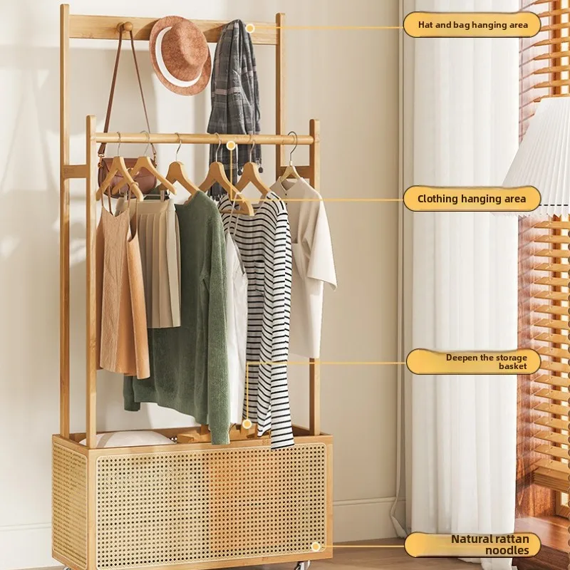 

Firm Bedroom coat rack Japanese style room household removable hanger rattan dirty laundry basket floor hanging hanger