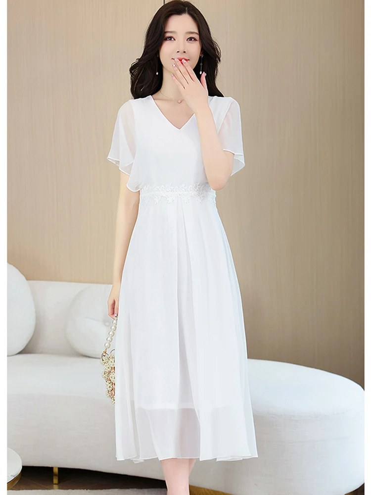 White V-Neck Sexy Party Dress for Women Summer Casual  Vacation Beach Long Dress 2024 Korean Fashion Bodycon Evening Midi Dress