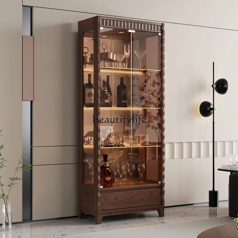 

yj9 New Chinese Style Solid Wood Wine Cabinet Integrated Wall-Mounted Light Luxury Living Room Glass Door Display Cabinet