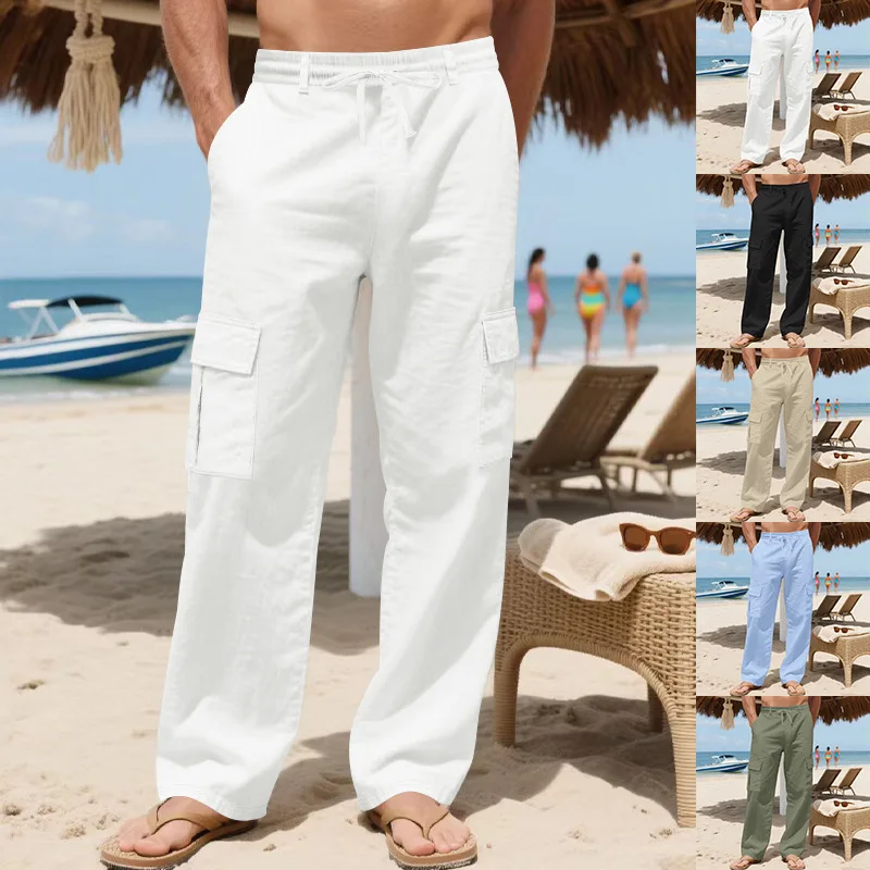 

2025 мужская рабочая одежда, льняные длинные брюки на шнурке с несколькими карманами, прямые однотонные дышащие уличные пляжные повседневные длинные брюки для мужчин