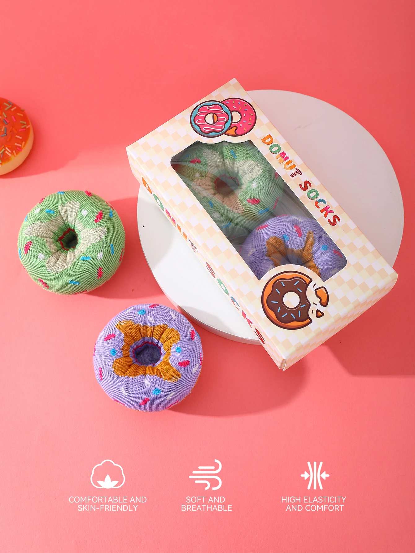 ถุงเท้า unisex กลางน่อง 2 คู่ในรูปโดนัทแสนหวาน นวนิยายและของขวัญวันหยุดแสนสนุกที่สร้างสรรค์