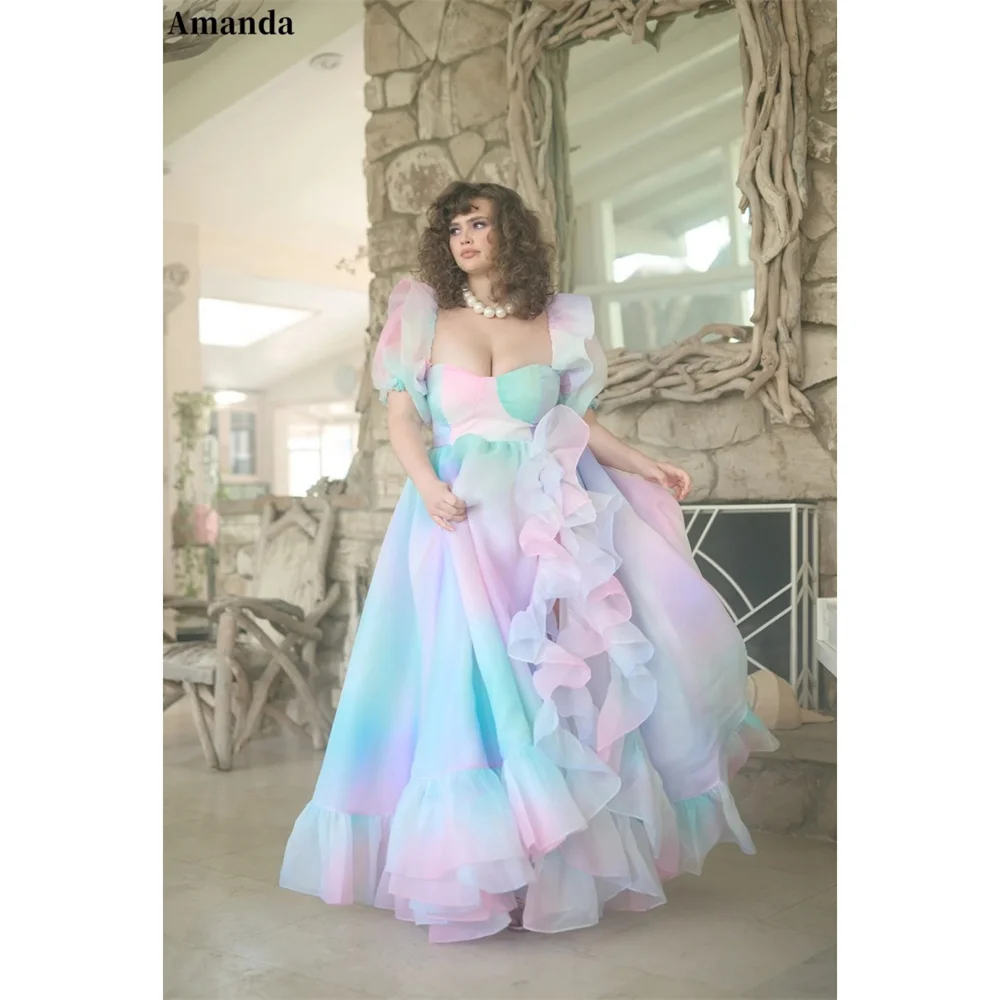 Amanda Customizd Square Collar Puff‑sleeve A‑line Ball gown Evening dress High Side Split Voluminous Dreamy Party dresses 2026