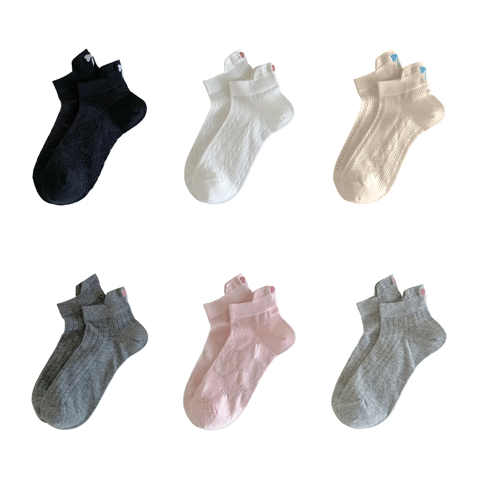 

Girls hollow cotton socks embroidered bow socks 6 color set (black/white/milky white/dark gray/pink/light gray)