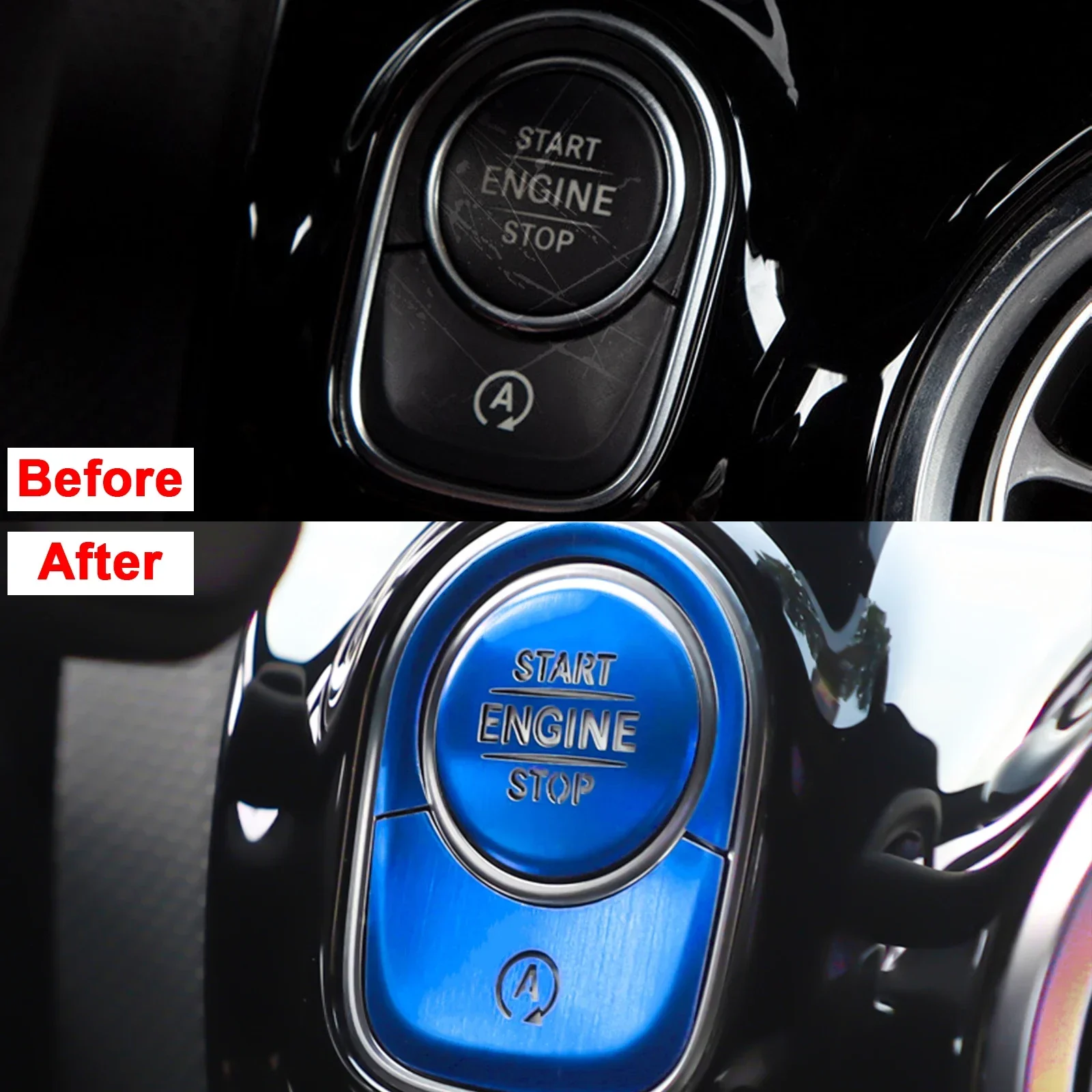 Ignition Start/Stop Engine Button Cap& On/Off Cover & Surrounding Frame Trim (BLUE) For Mercedes-Benz  A-Class/CLA-Class 2019-up