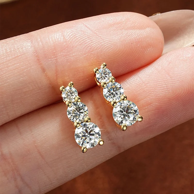 Rrjzz 3mm 4mm 5mm Drei-Stein-Ohrstecker mit Labor-Imitationsdiamanten, D-Farbe Moissanit-Ohrstecker für Damen, Hochzeitsschmuck, Geschenke – Detail 4
