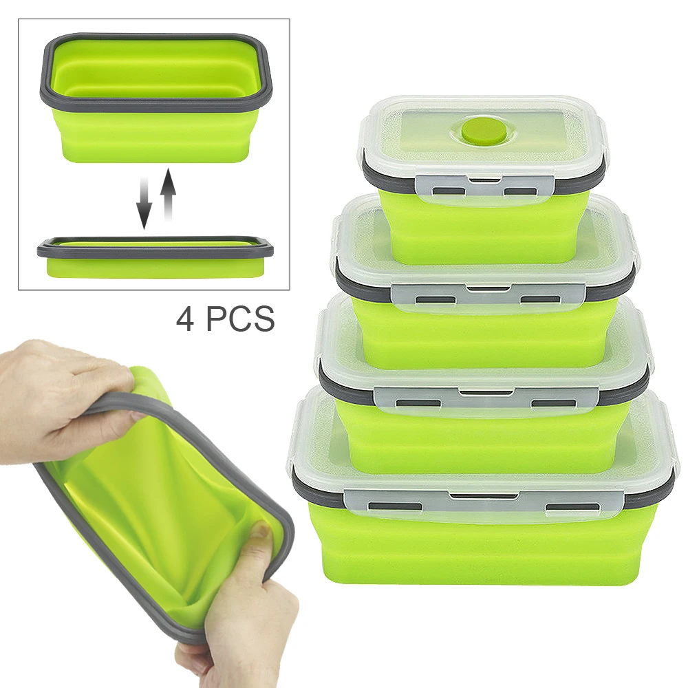 

4pcs/set 350ML 500ML 800ML 1200ML Lunch Box Portable Rectangle Silicone Folding Lunchbox Bento Box for - 40 to 230 Centigrade