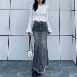 2023 Autumn Retro Classic All-Match Skirt Women Casual Commuter Outing Tight Sexy Irregular Long Denim Vitality Skirt Girl Cool