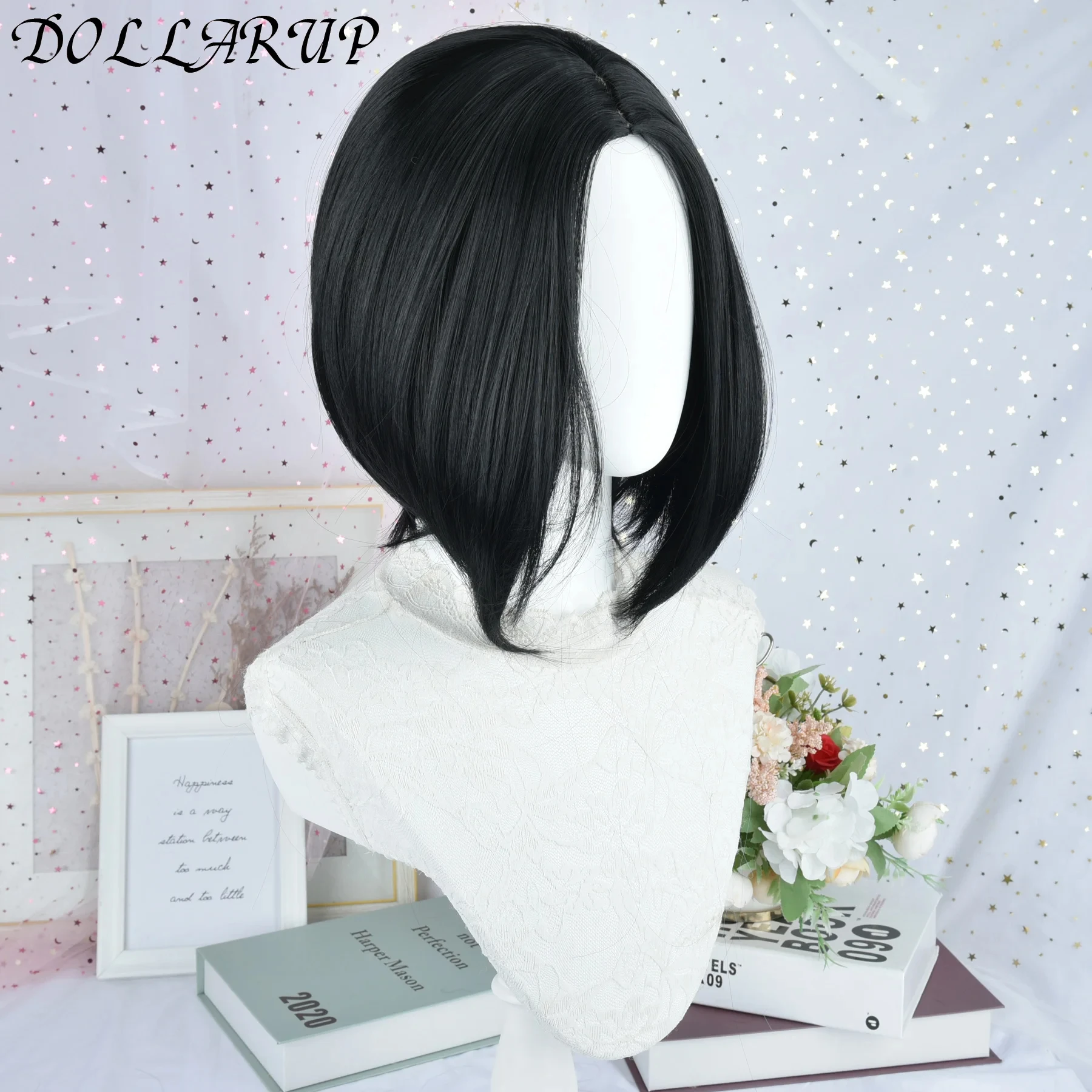 JKL بوب شعر مستعار اصطناعي أسود مع الانفجارات للنساء الأفرو قصير داكن مستقيم الباروكات تأثيري هالوين الشعر الطبيعي لوليتا مقاومة للحرارة #4