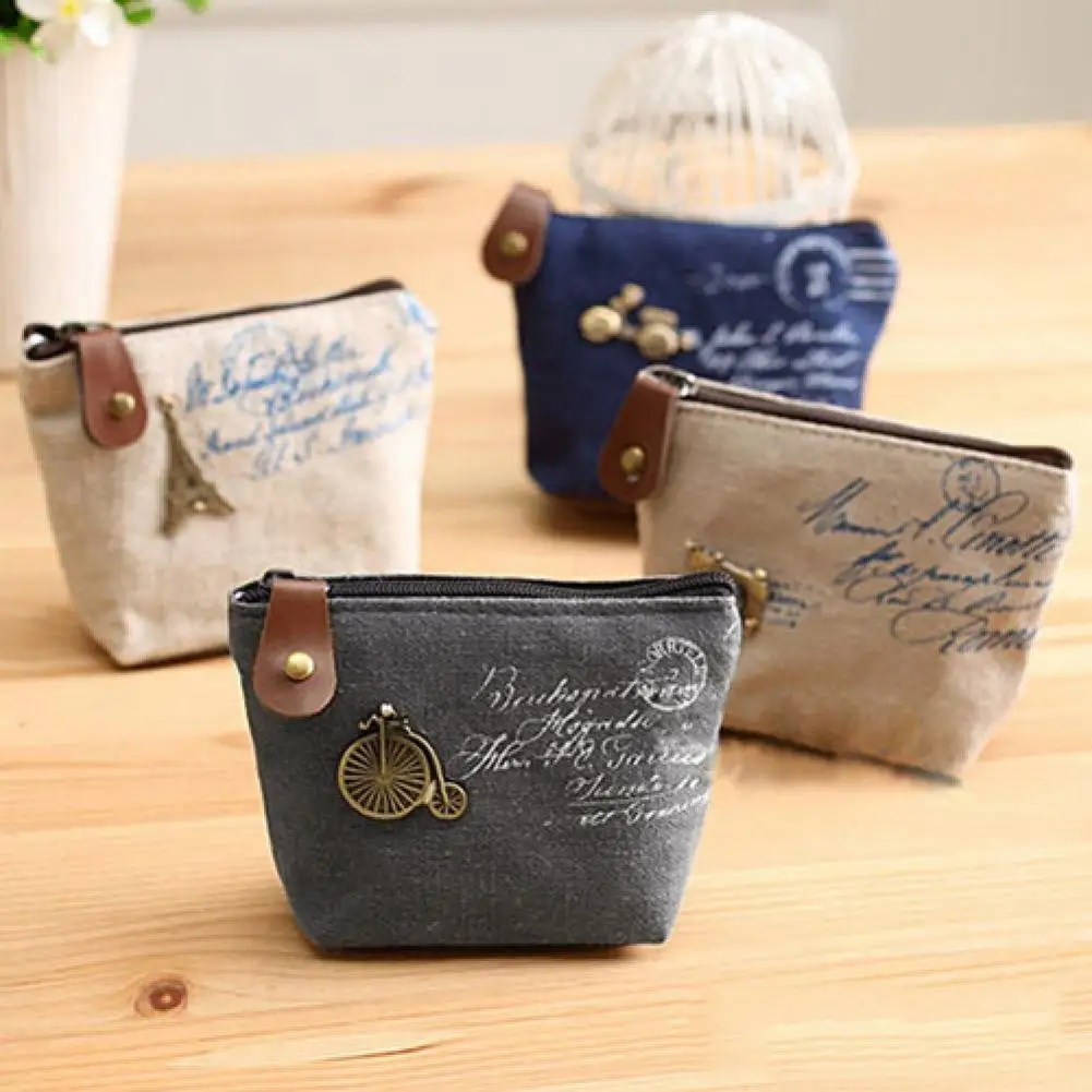 Portable Zipper Closure Canvas Coin Purse Anti-lost Lightweight Retro Camera Tower Letter Print Small Wallet For Daily Using