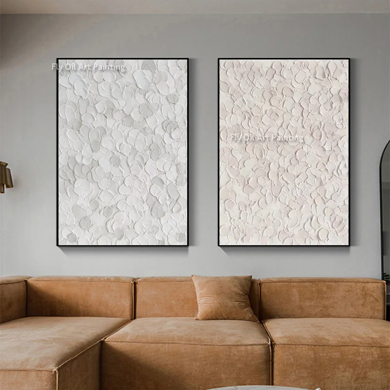 Light Pink And White Knife Thick Canvas Artwork Simplism Hand Painted Set Of Two Grey White Oil Pianting Large Artwork Decor