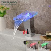 Torayvino LED Light Induction Bathroom Faucet Brass Solid Automatic Basin Sensor Faucets Waterfall Spout Sink Mixer Water Tap