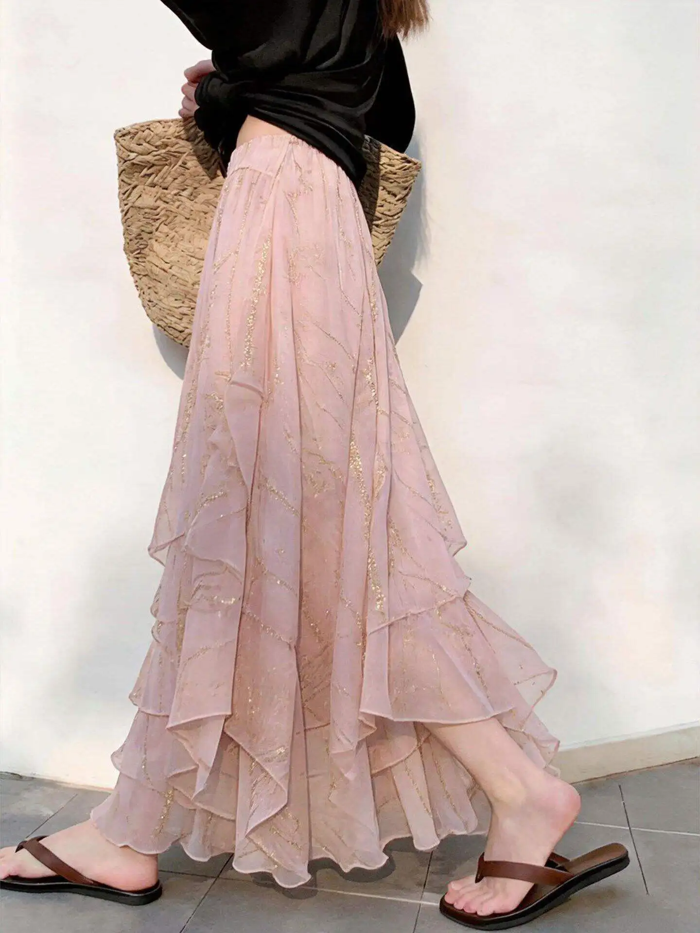 

Sweet Elegant Style Asymmetrical Hem High Waist Half Skirt Women Summer Vacation Loose Slimming Split Skirt Casual Ladies
