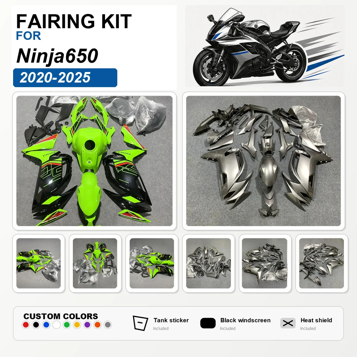 For Ninja650 2020-2025 Motorcycle Fairing Kit ABS Plastic Custom Painted Fairings Bodywork Cowl Panels Tank Cover Green