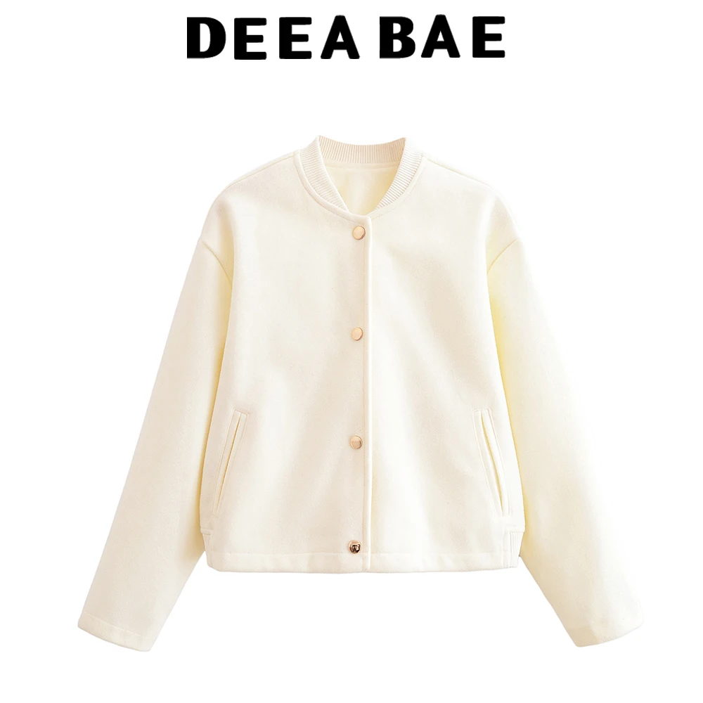 

DEEABAE женская осенняя белая бейсбольная куртка с воротником-стойкой в корейском стиле, короткая повседневная короткая шерстяная куртка, куртка