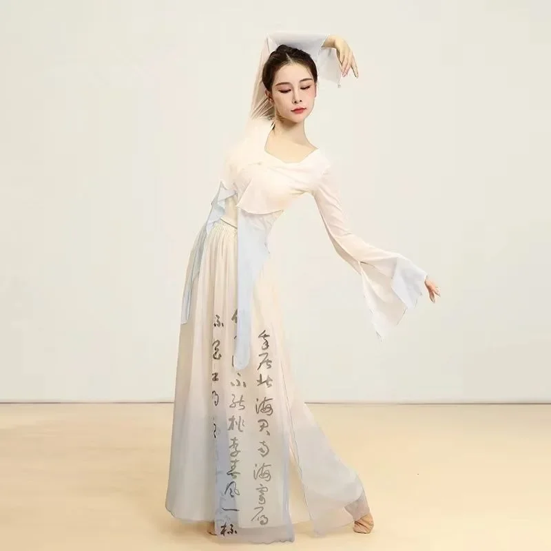 Women Classical Dance Costumes Chinese Traditional Style White Top Printed Culottes Hanfu Dress Girls Dance Practice Clothing