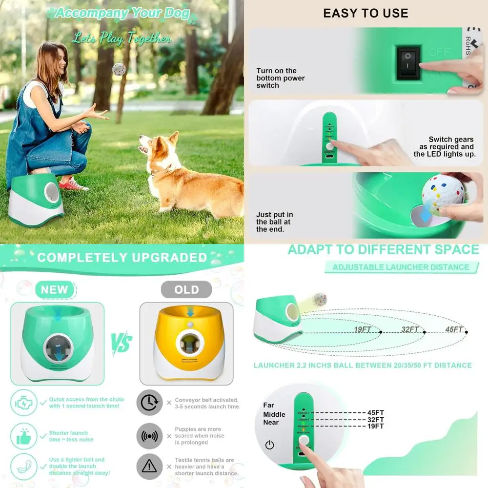 

Automatic Ball Launcher for Dogs with Random Mode, 3 Settings up to 45FT, Rechargeable Thrower for Small to Medium Breeds, Suita