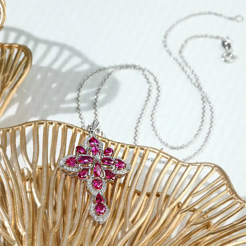 GZ ZONGFA Genuine 925 Sterling Silver Cross Pendant for Women Created Ruby Big Cross Necklace Rhodium Plated Fine Jewelry