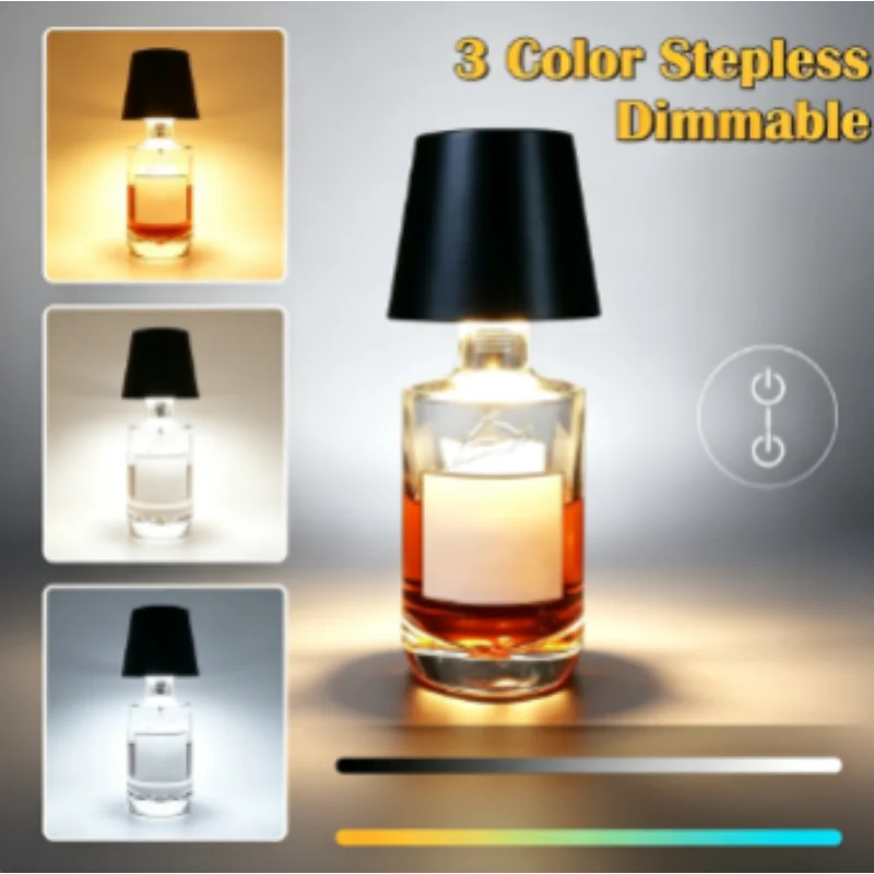 Rechargeable Lamp Mood Light - Wine Bottle LED, Wireless USB, 3-Color Stepless Dimmable Touch, for Dining Room Bar Table