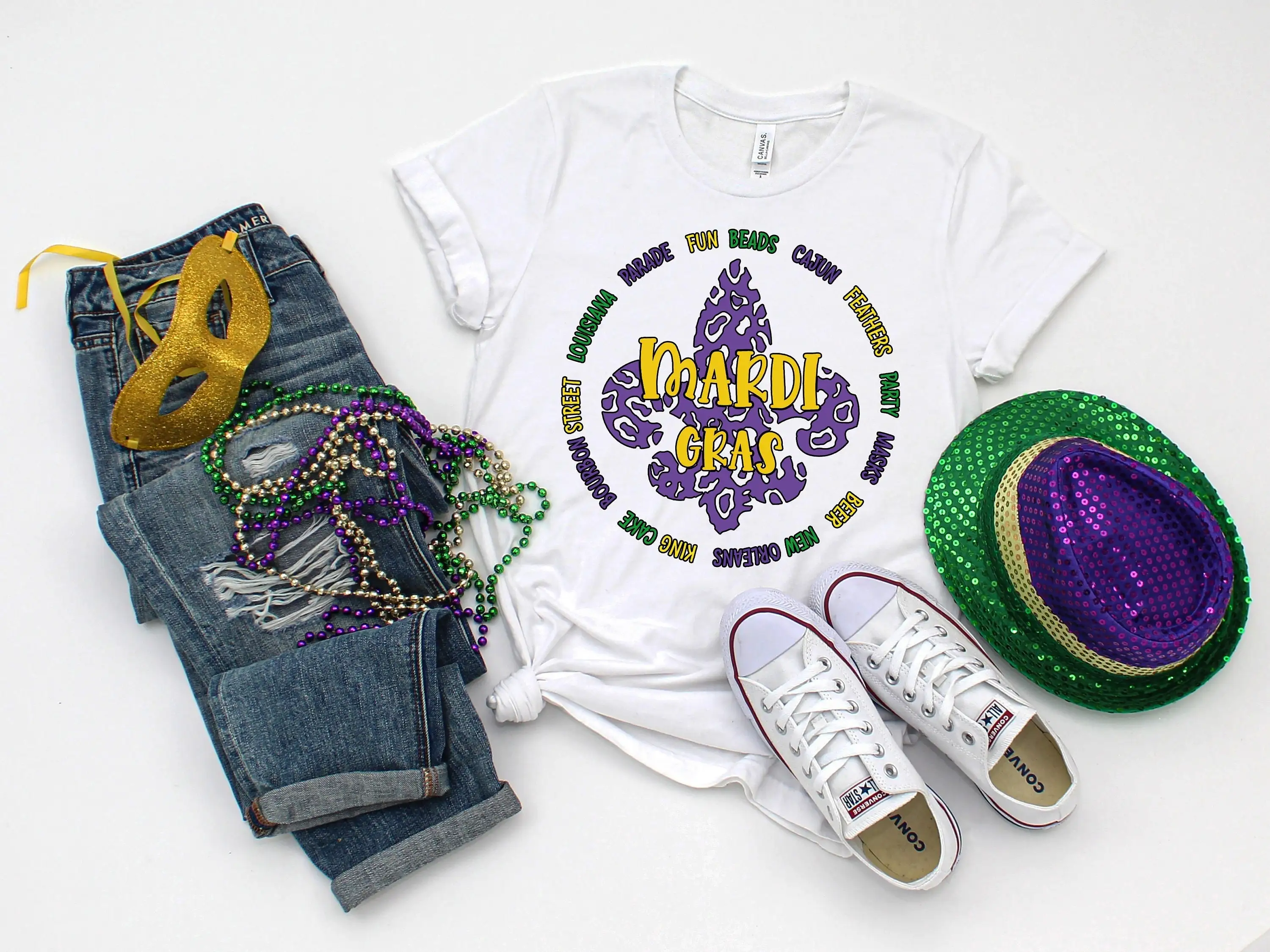 Fleur De Lis T Shirt Fun Beads Masks Cajun Party Mardi Gras Saints Festival New Orleans