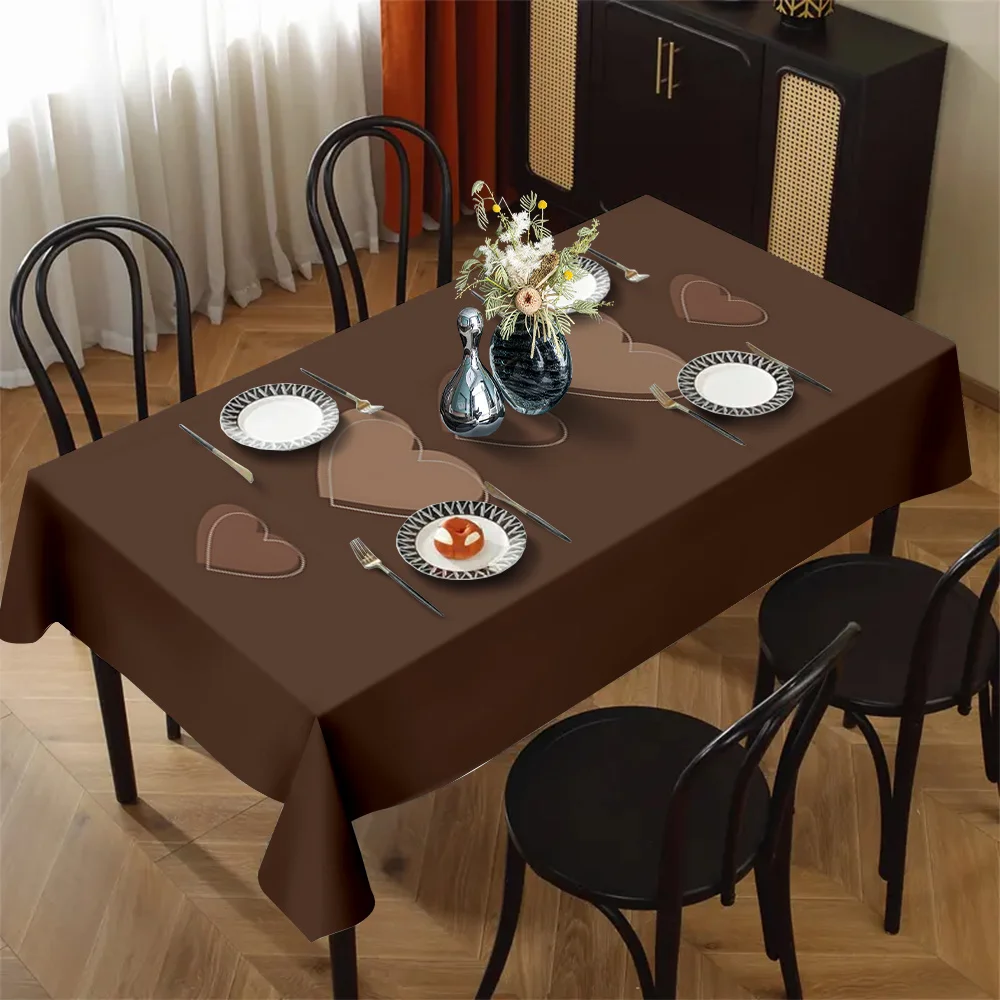 1pc Brown Heart Simple Pattern Rectangular Polyester Tablecloth, Fashionable and ElegantXY