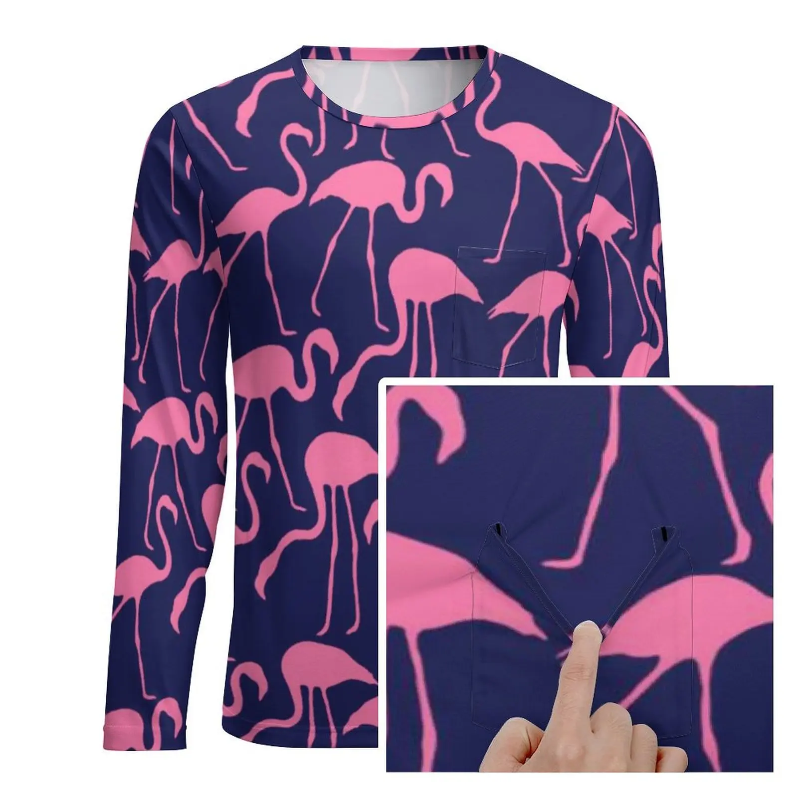 Roze Vogels Print T-shirt Flamingo Patroon Harajuku T-shirts Met Zak Lange Mouw T-shirt Lente Casual Oversize Top Tees