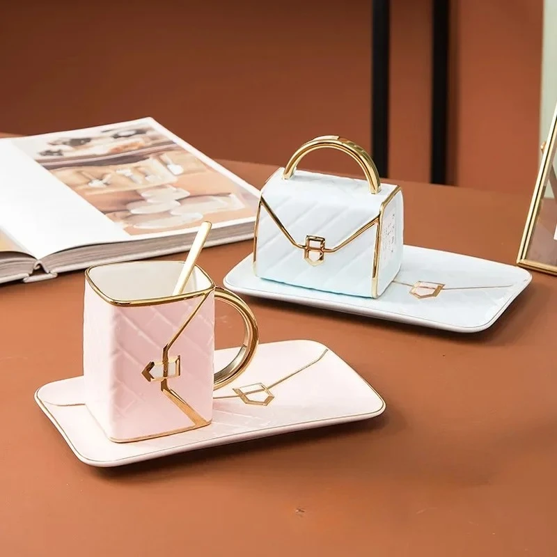 Handbag Shaped Luxury Ceramic Mug Saucer Set Aesthetic Coffee Tea Dessert Home Afternoon Tea Daily Holiday Drinkware Gift