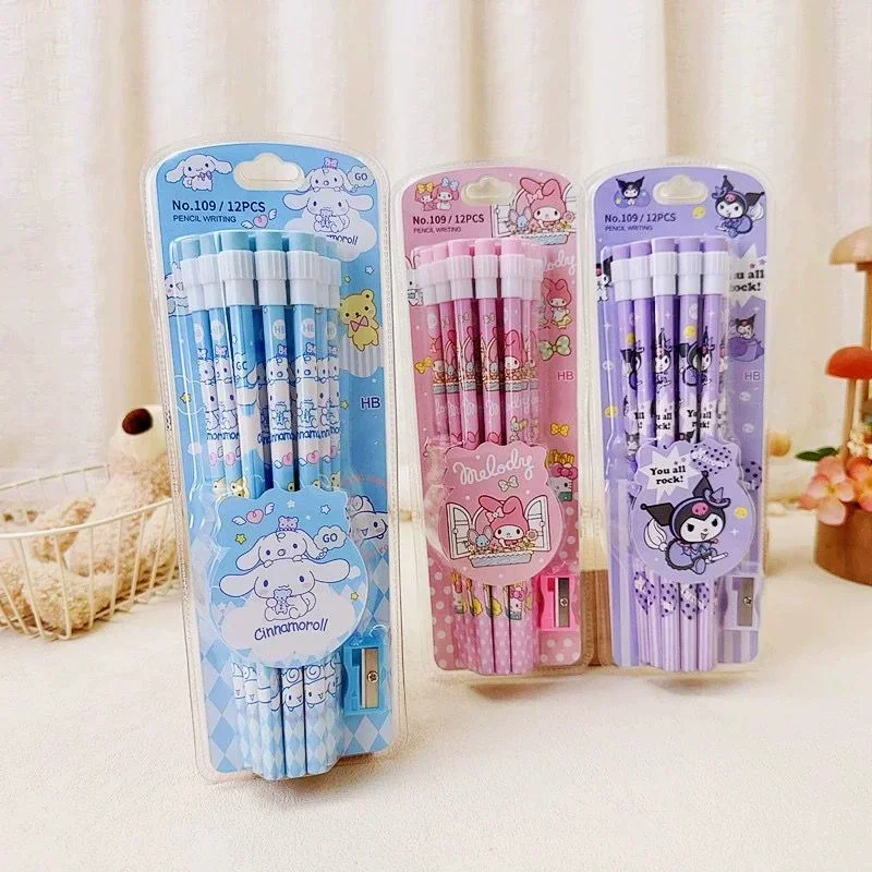 Sanrio Kuromi HB Pencils 12 Pencils & 1 Pencil Roller Stationery Box Set Kawaii Anime Cinnamoroll HB Pencils Kid Birthday Gift