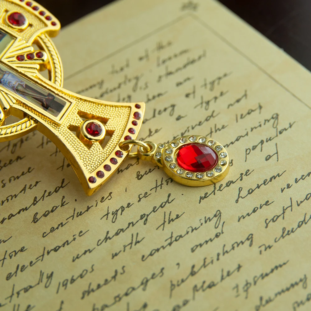 Gold Plated Orthodox Pectoral Cross Necklace with Crown, Blue/Red Gemstones & Jesus Icon for Christian Clergy Liturgical Wear view 2