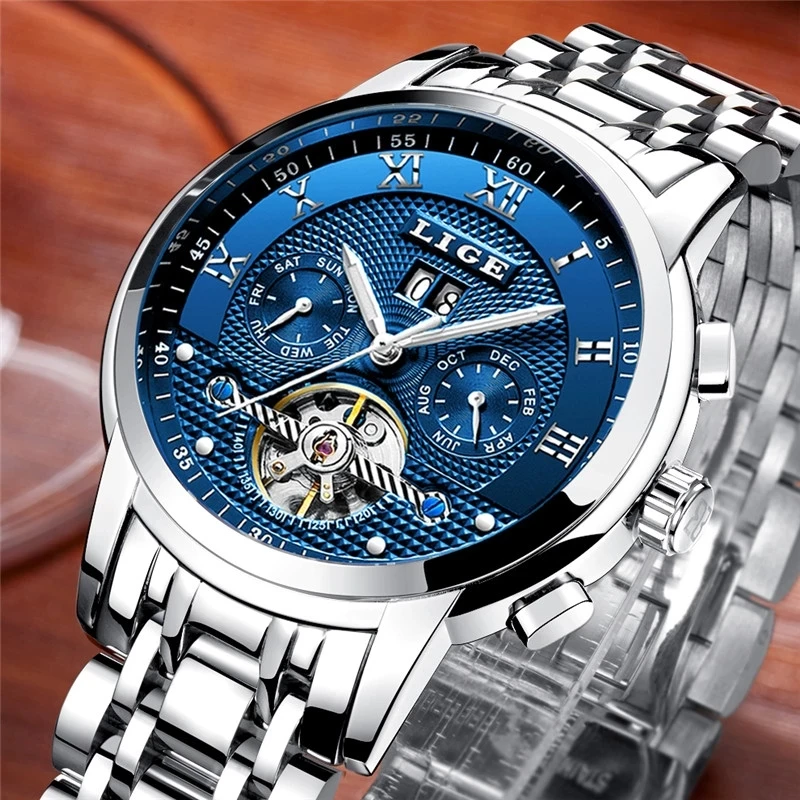 LIGE Brand Automatic Mechanical Watch Man Luxury Tourbillon Watches Men Business Steel Sports Waterproof Watch Relogio Masculino