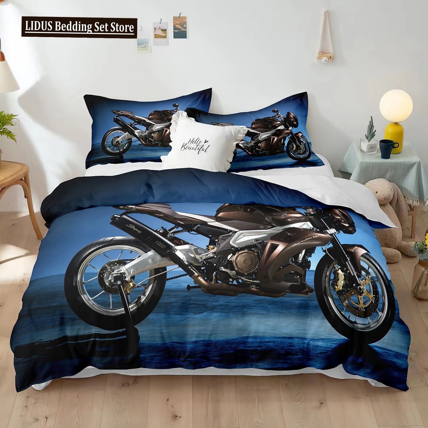 Dirt Bike Duvet Cover Set 3D Racing Motocross Bedding Set For Teen Motorcycle Rider Extreme Sports Polyester Comforter Cover