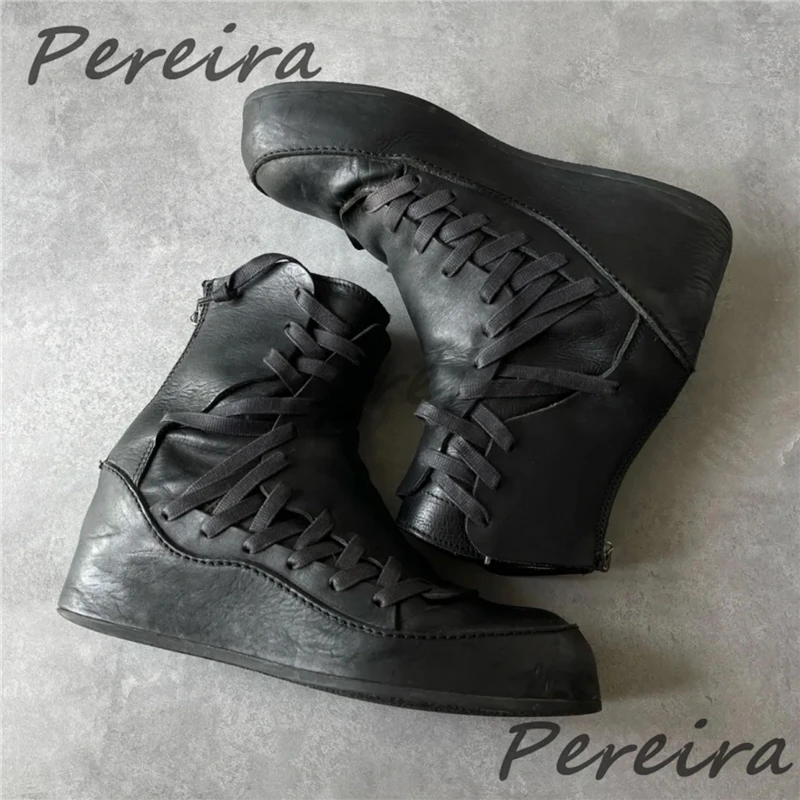 Vintage Black Leather High Top Boots for Men Women Niche Design Cross Strap Zipper Thick Soled Short Boots Flat Casual Shoes