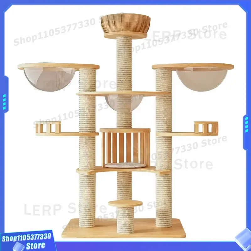 Custom Wooden Cat Tree with Sisal Scratching Post Multi Layer Acrylic Bowl Wicker Basket Tower Indoor Climbing Furniture for