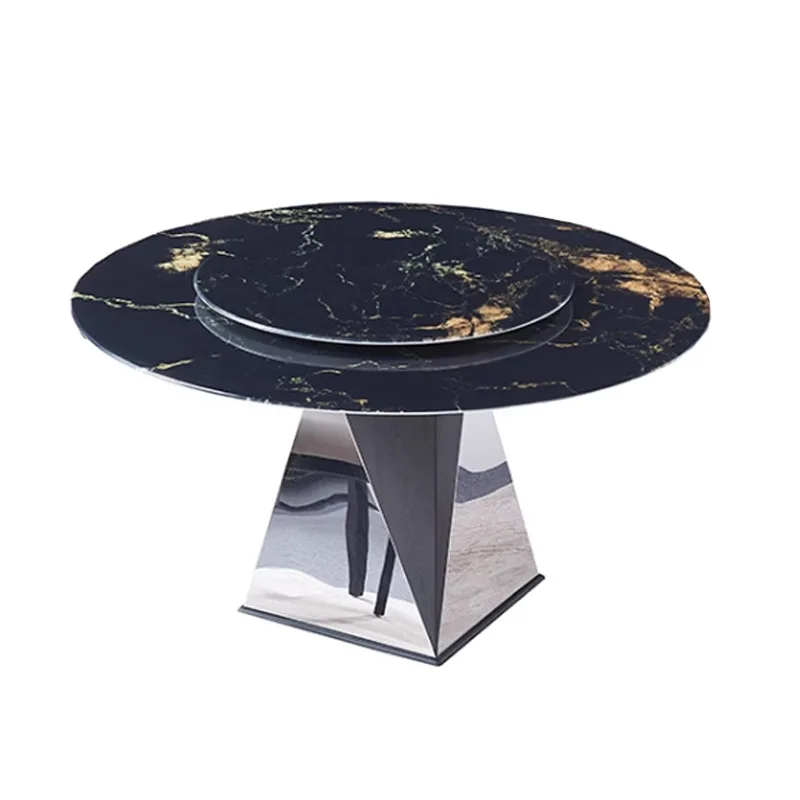 Italian light luxury rock slab dining table round household small apartment microcrystalline stone stainless steel foot mirror