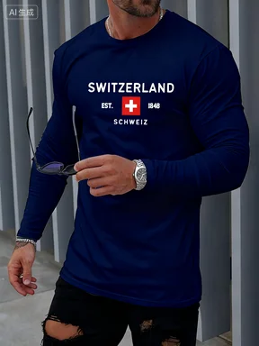 تي شيرت رجالي أساسي لخريف وشتاء 2026 مريح غير رسمي رياضي سويسري مطبوع برقبة دائرية وأكمام طويلة ملابس دافئة #4