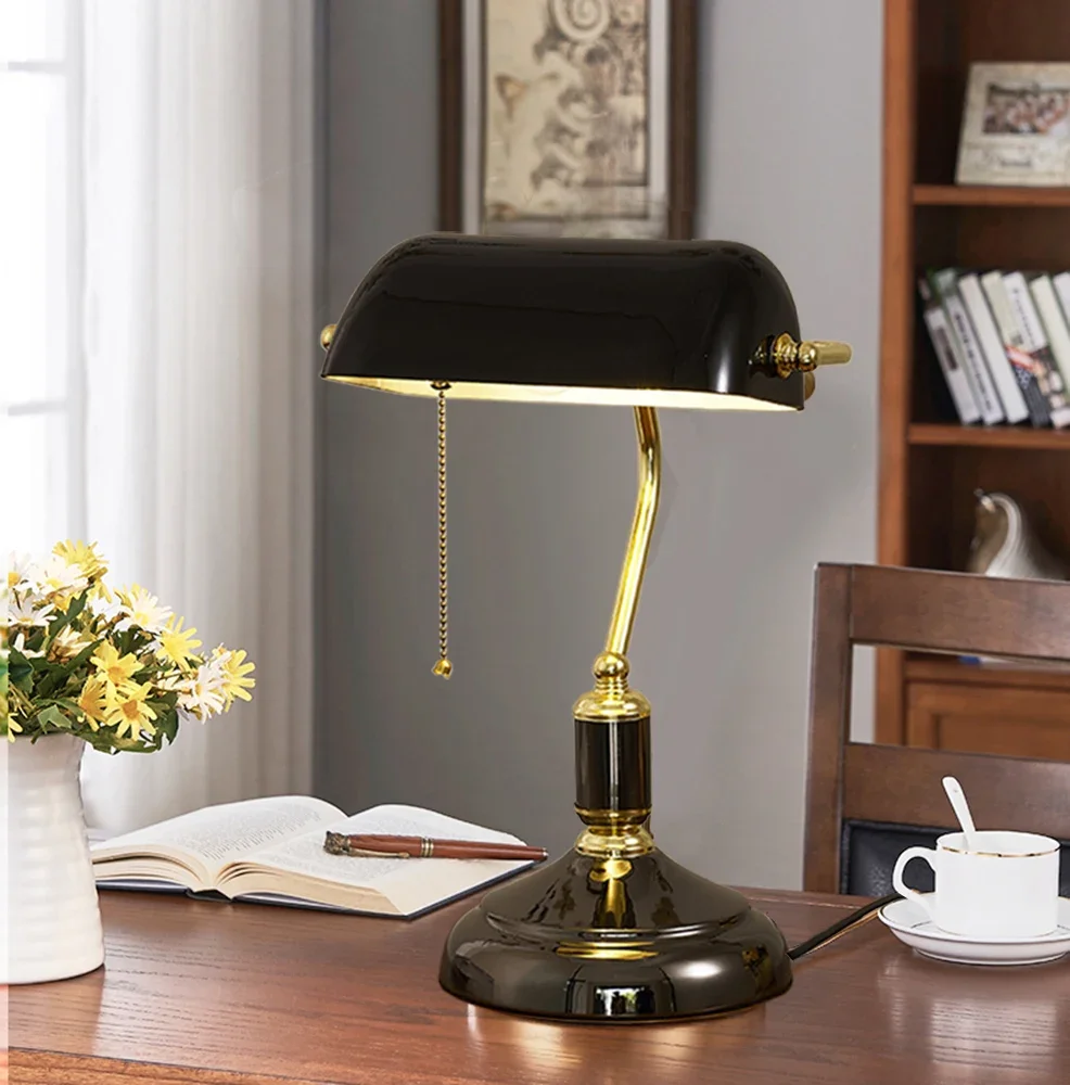 Elegant Retro Table Lamp Bankers Desk Lamp Traditional lamp with Pull Chain Switch Plug Satin Brass Finish for bedroom,studydesk