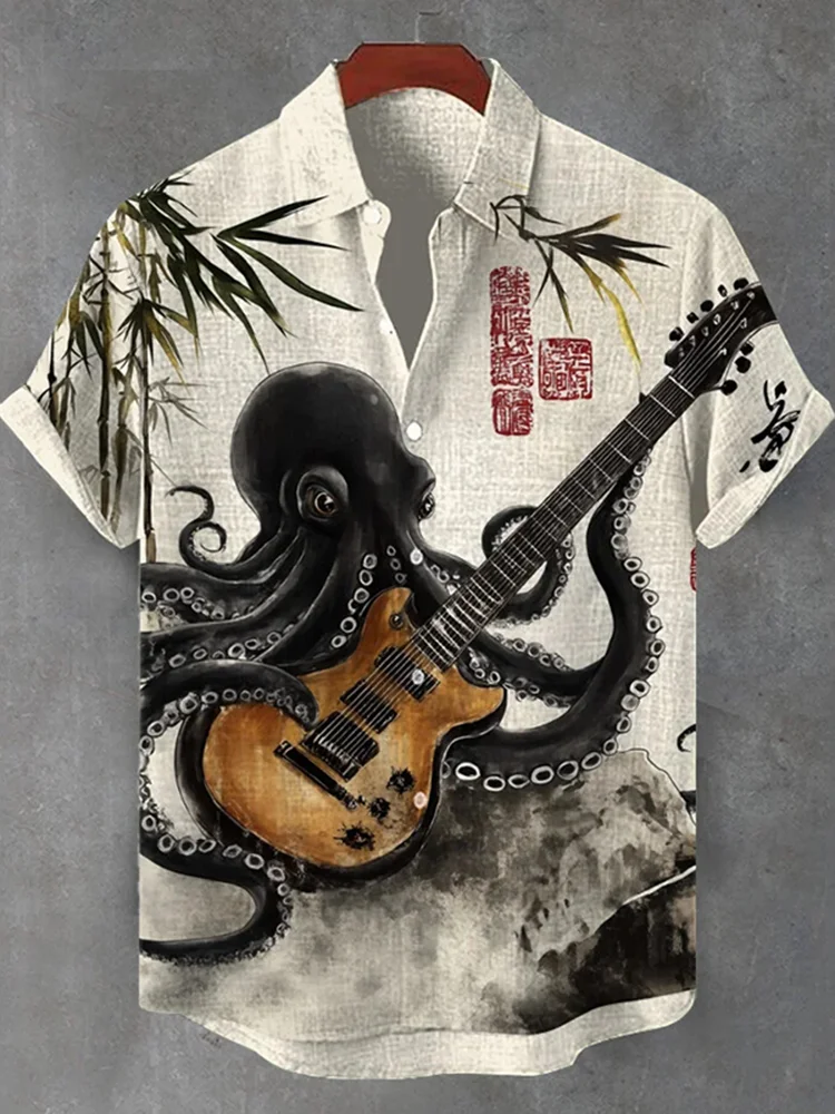 

Men's Summer Hawaiian Shirt Vintage Octopus Guitar 3d Print Shirt Short Sleeve Turn-Down Lapel Casual Beach Shirts Men Blouse