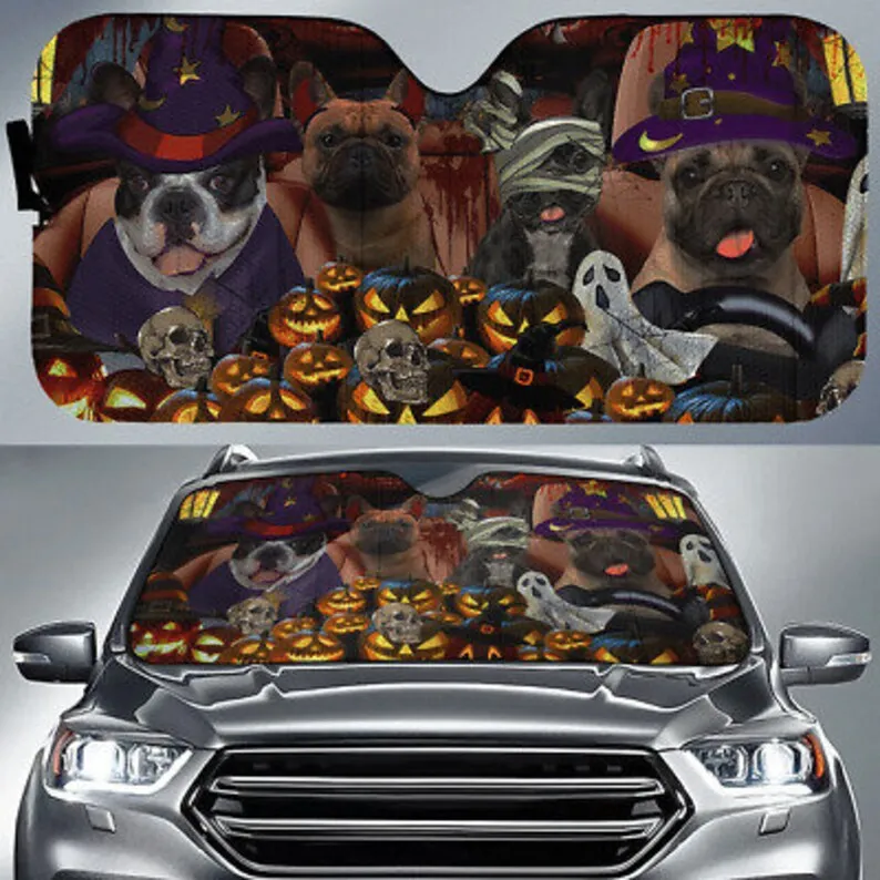 Halloween Frenchie With Witch Hats Pumpkins Car Windshield Sun Shade Car Sunshade