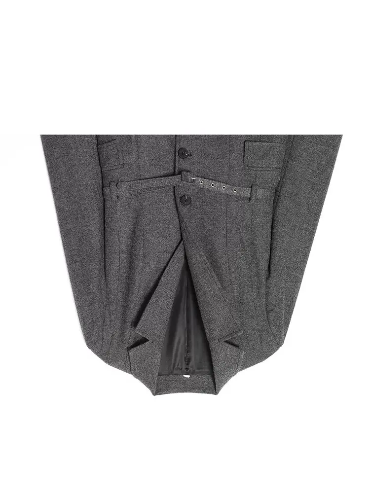 

HH Women 2 Piece Set Elegant Long Sleeved Lapel With Belt Single-breasted Wool Blazer Suit+Pockets Zipper Winter Suit Pants