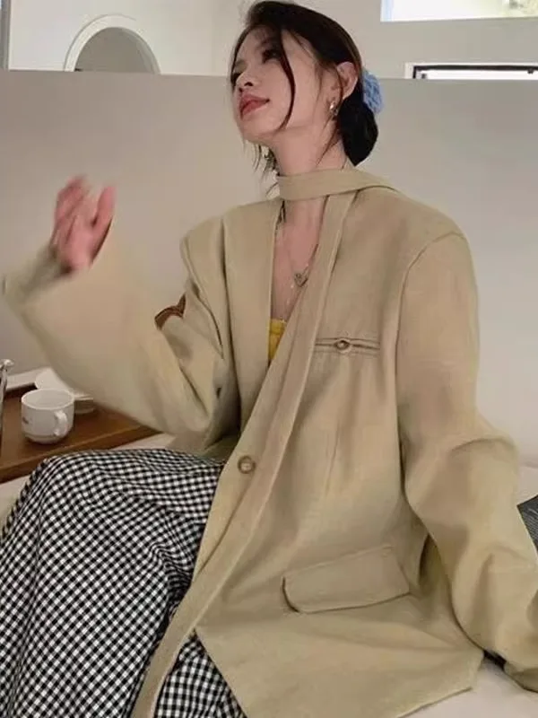 

Весна 2025: Новинка! Женский повседневный пиджак свободного кроя с V-образным вырезом, средней длины, однотонный, с длинными рукавами, в стиле бизнес-кэжуал.