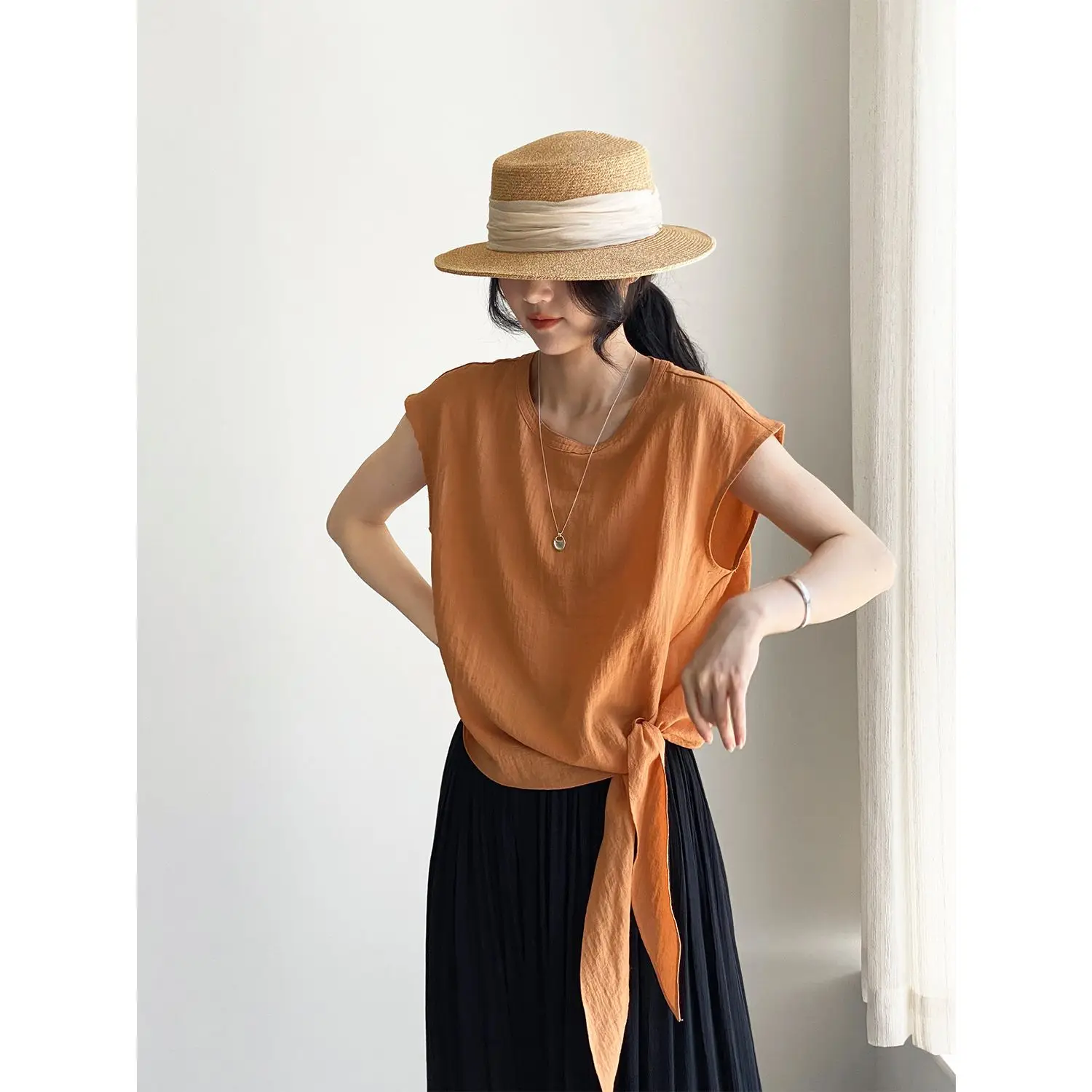 

Lightweight Comfortable Orange Shirt Women's Design Sense Asymmetrical Belted Top Stylish Shirt by Yang Jing Spring 2026