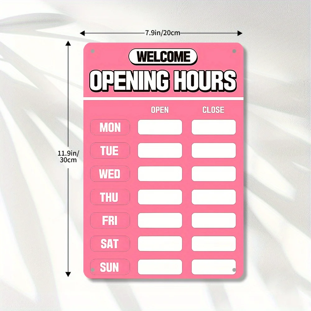 Vintage Pink Metal Business Hours Sign - 2D Flat Rectangular Wall Art for Home, Cafe, Bar, Garage Decor - Easy Install Open Clos